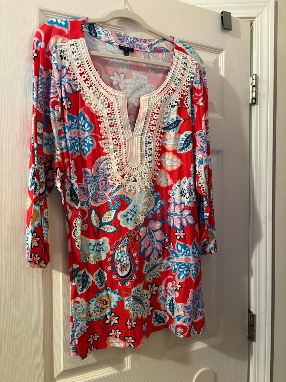 Talbots Red Paisley Tunic with Embroidered V-Neck